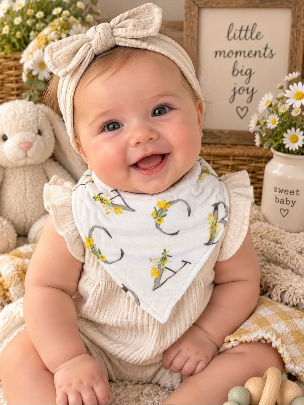 Bebe au Lait Floral Alphabet Deluxe Cotton Muslin Bandana Baby Bib NWT
